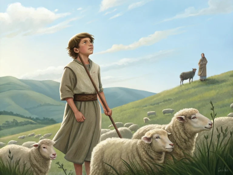 Young shepherd boy with staff among grazing sheep on a hillside under a blue sky.