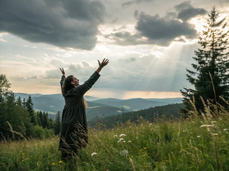 Person standing in a meadow with arms raised toward the sky as sunbeams break through clouds.