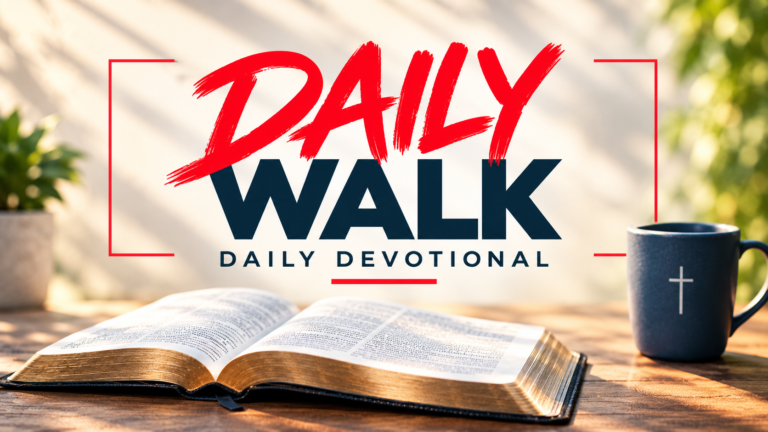 Daily Walk Devotional: open Bible, warm sunlight, mug and plant on wooden table.