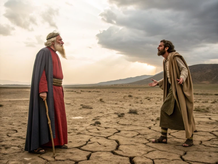 Two men in biblical robes converse on cracked desert ground under a cloudy sky.