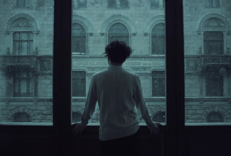 Person standing by a large window looking out at a snowy urban scene.
