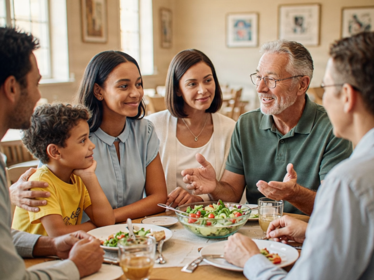 Diverse family enjoying a meal together at a sunny dining table.